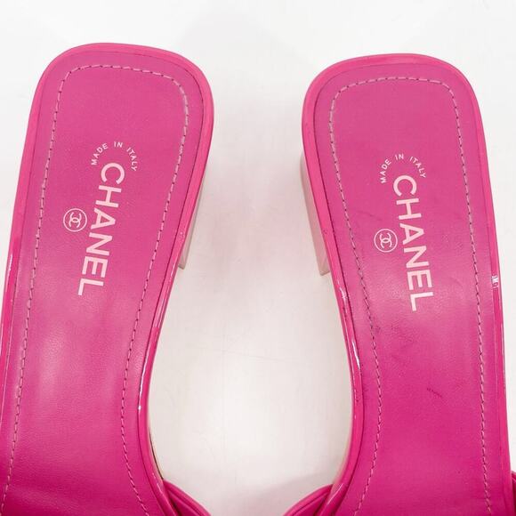 Chanel 2022 Pink Patent Calfskin CC Logo Low Block Heel Mules Sandals EU 38.5 - Picture 12 of 16